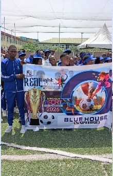 Blue House (Sapphire) team with banner at Inter-House Sports 2026